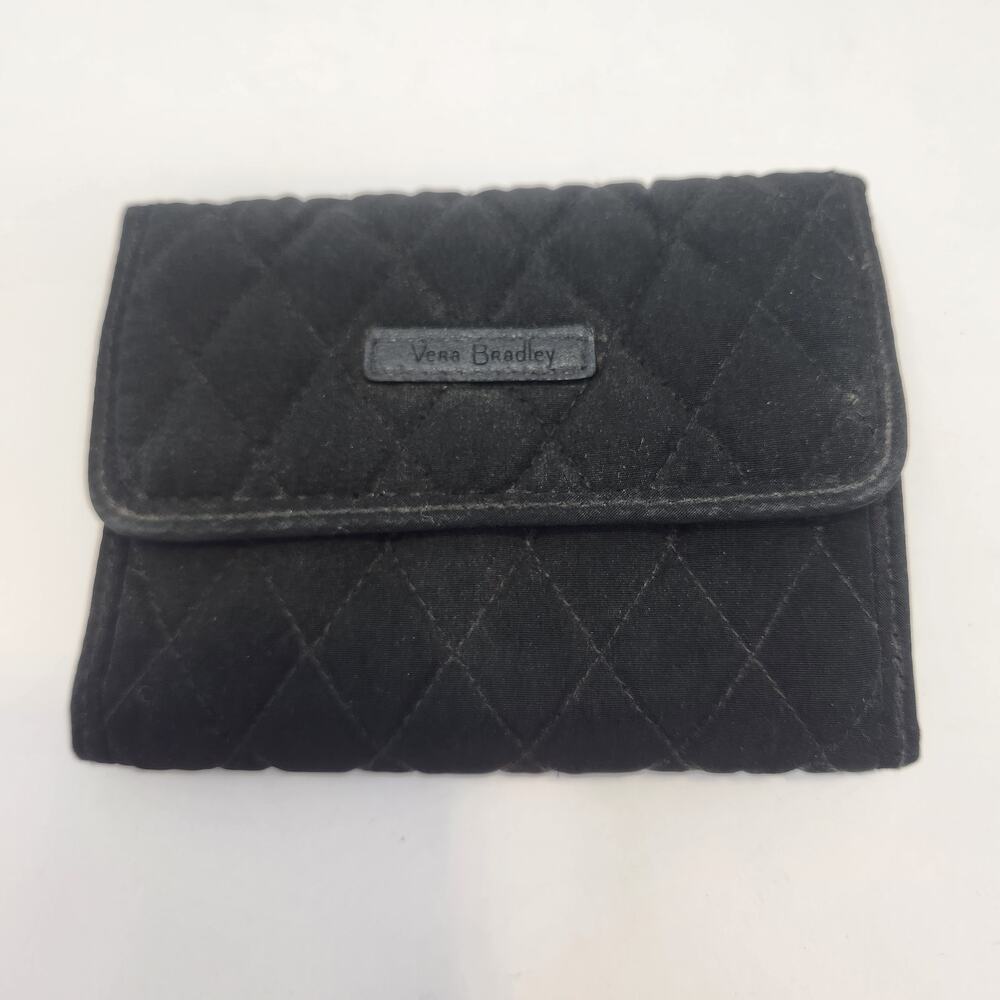 Vera Bradley Solid Black Quilted Tri Fold Wallet Small Card SlotsZip Pocket